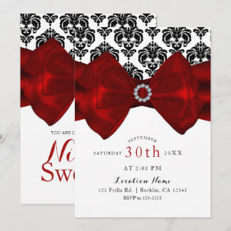Black & White Damask Red Bow Glam Sweet 16 Party Einladung