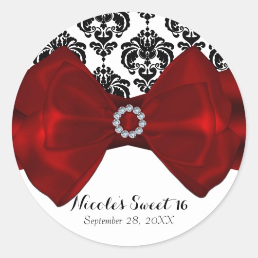 Black & White Damask Red Bow Glam Sweet 16 Party Runder Aufkleber (Vorderseite)