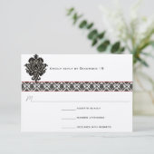 Black & White Damask Red Trim Wedding Response RSVP Karte (Stehend Vorderseite)