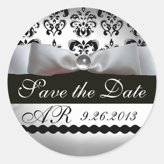 BLACK & WHITE DAMASK RIBBON MONOGRAM RUNDER AUFKLEBER (Vorderseite)