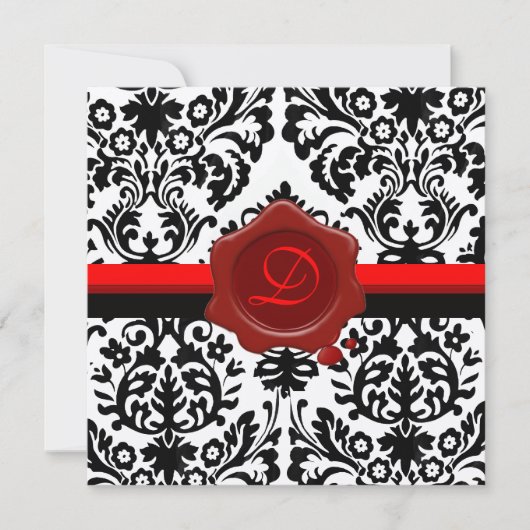 BLACK & WHITE DAMASK, ROTES WAX SIEGEL MONOGRAMM EINLADUNG (Vorderseite)
