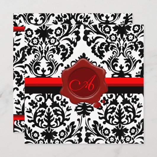 BLACK & WHITE DAMASK, ROTES WAX SIEGEL MONOGRAMM EINLADUNG (Vorne/Hinten)