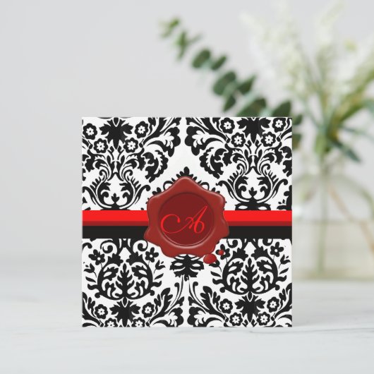 BLACK & WHITE DAMASK, ROTES WAX SIEGEL MONOGRAMM EINLADUNG (Stehend Vorderseite)