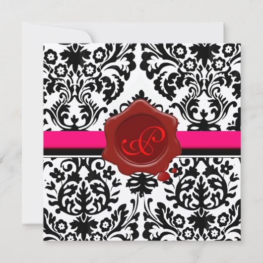 BLACK & WHITE DAMASK, ROTES WAX SIEGEL MONOGRAMM EINLADUNG (Vorderseite)