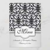 Black white damask swirls, birds Menu Einladung (Vorderseite)