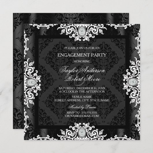 Black & White Diamond Damask Engagement Party Einladung (Vorne/Hinten)