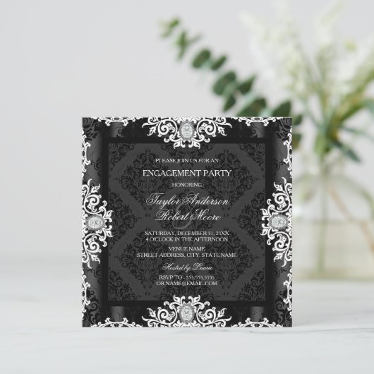 Black & White Diamond Damask Engagement Party Einladung (Stehend Vorderseite)