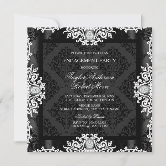 Black & White Diamond Damask Engagement Party Einladung (Vorderseite)