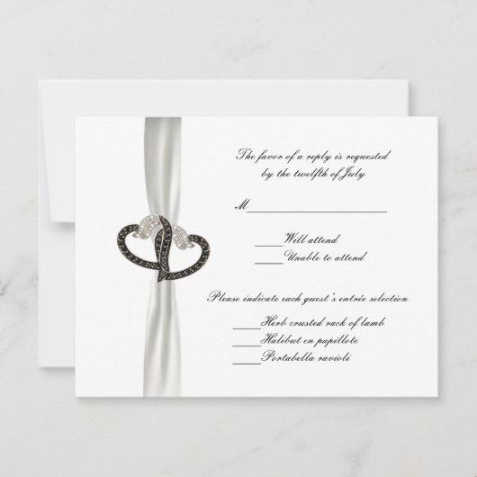 Black & White Diamond Hearts Wedding Response Card RSVP Karte (Vorderseite)