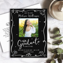 Black White Doodles Save the Date Graduation Photo