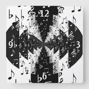 Black & White Echo Music Notes Wall Clock Quadratische Wanduhr
