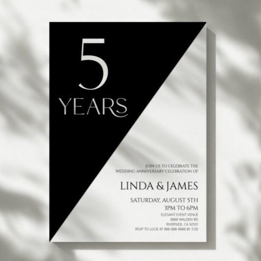 Black White Elegant 5th Wedding Anniversary Einladung