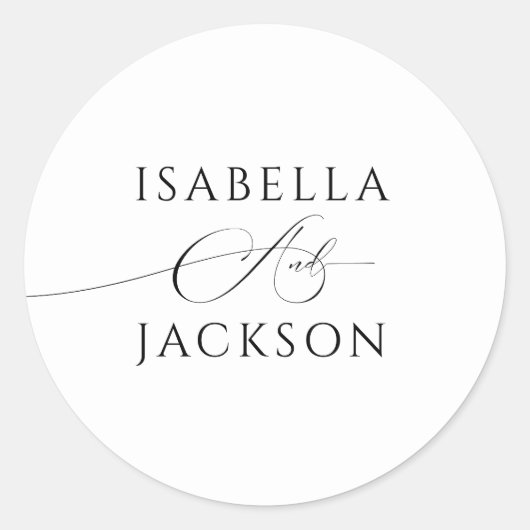 Black & White Elegant Chic Couple Names Wedding Runder Aufkleber (Vorderseite)