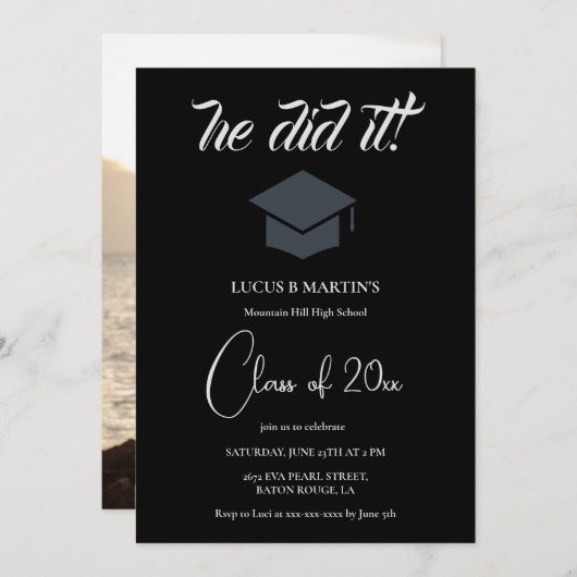 Black & White Elegant machte er Graduation Party Einladung (Vorne/Hinten)