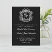 Black White Elegant Monogram Crest Wedding Einladung (Stehend Vorderseite)