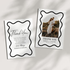 Black White Elegant Wavy Border Photo Wedding Dankeskarte