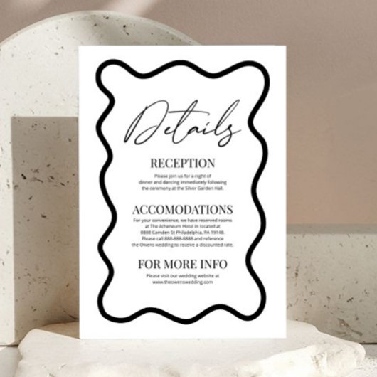 Black White Elegant Wavy Border Wedding Details Begleitkarte