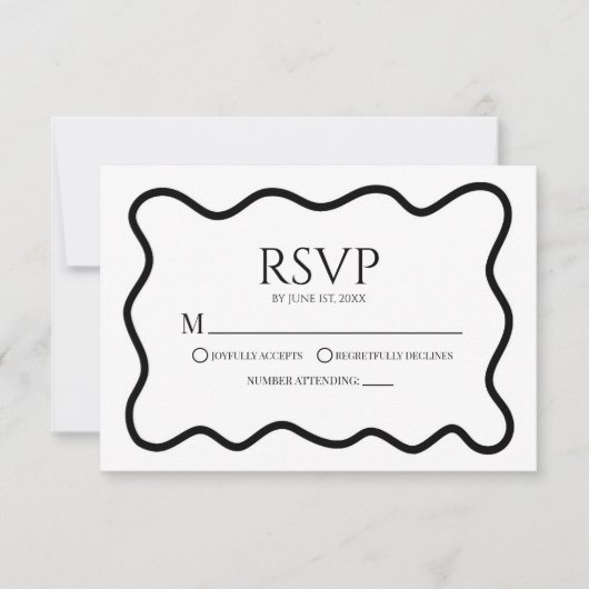 Black White Elegant Wavy Border Wedding RSVP Card (Vorderseite)