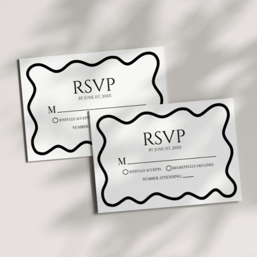 Black White Elegant Wavy Border Wedding RSVP Card