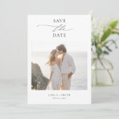 Black & White Elegante Script 2 Foto Beach Wedding Save The Date (Stehend Vorderseite)