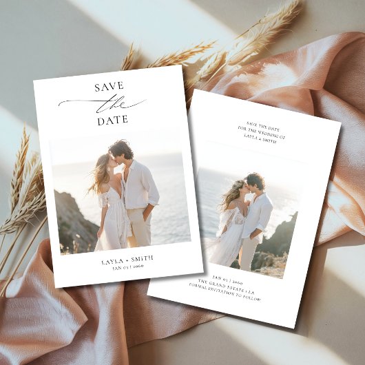 Black & White Elegante Script 2 Foto Beach Wedding Save The Date