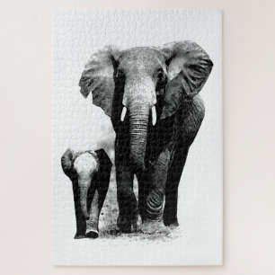 Black & White Elephant & Baby - Tiere Art Puzzle