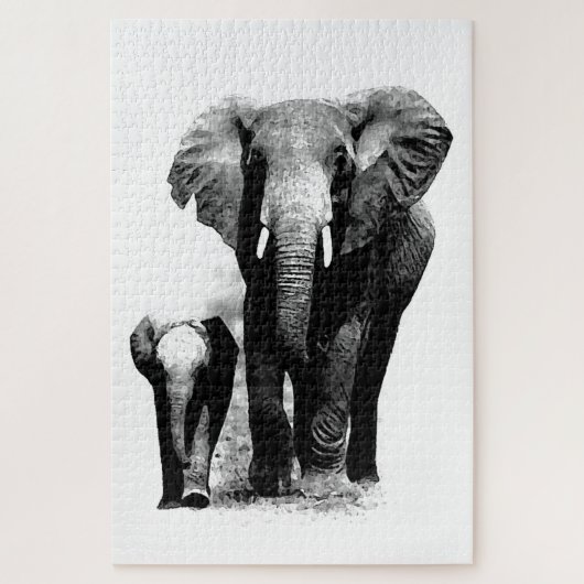 Black & White Elephant & Baby - Tiere Art Puzzle (Vertikal)