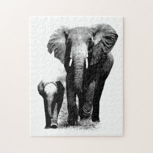 Black & White Elephant & Baby - Tiere Art Puzzle