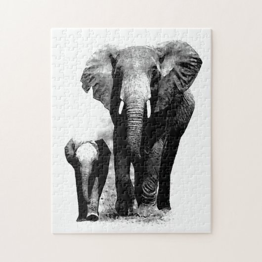 Black & White Elephant & Baby - Tiere Art Puzzle (Vertikal)