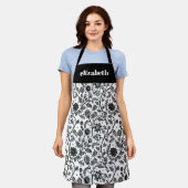 Black White Floral Botanical Boho Custom Name Bold Schürze (Getragen)