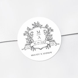 Black & White Floral Crest Monograms Wedding Runder Aufkleber