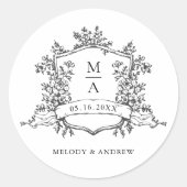 Black & White Floral Crest Monograms Wedding Runder Aufkleber (Vorderseite)