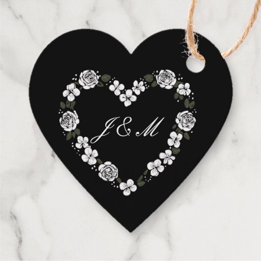 Black & White Floral Heart Wedding Favor Box Geschenkanhänger (Rückseite)
