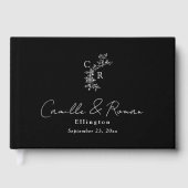 Black/White Floral Monogram Calligraphy Wedding Gästebuch (Vorderseite)