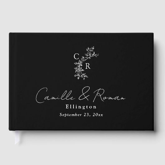 Black/White Floral Monogram Calligraphy Wedding Gästebuch (Vorderseite)