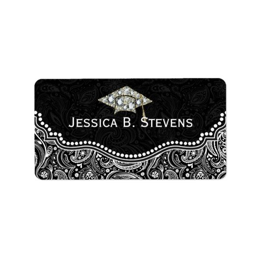 Black & White Floral Paisley Abschluss Hat Adressaufkleber (Vorne)
