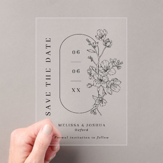 Black & White Floral Photo Wedding Save the Date Acryleinladungen (Insitu (Handheld))