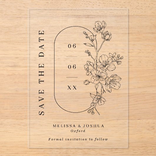 Black & White Floral Photo Wedding Save the Date Acryleinladungen (Vorderseite)