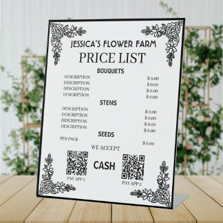 Black & White Floral Qr Code Business Price List Sockelschild