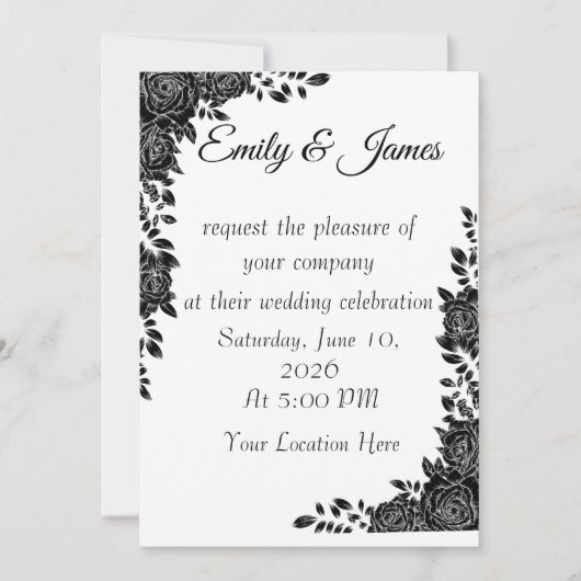“Black & White Floral Wedding Invitation Einladung (Vorderseite)
