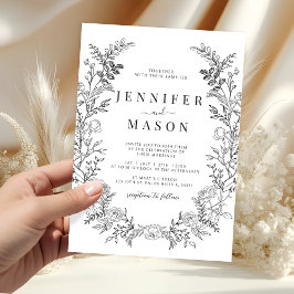 Black white floral wreath boho wedding invitation einladung