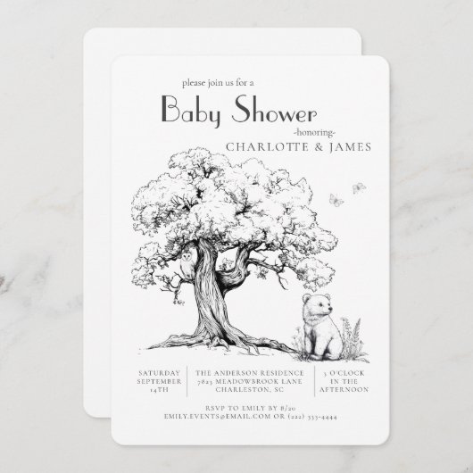 Black & White Forest Bear Kinderdusche Einladung (Vorne/Hinten)