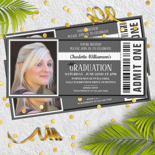 Black|White Foto Ticket Graduation Party Einladung