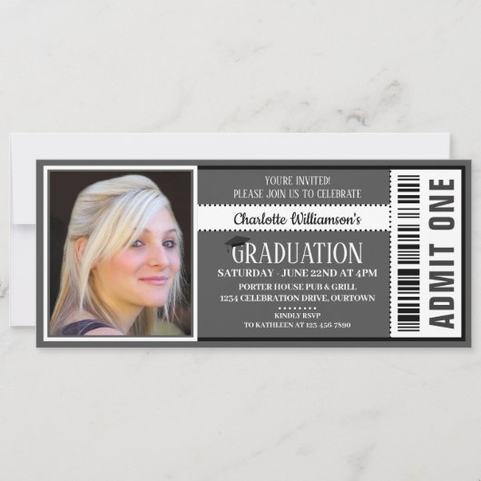 Black|White Foto Ticket Graduation Party Einladung (Vorderseite)