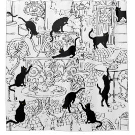 Black & White French Cat Paris Café Duschvorhang