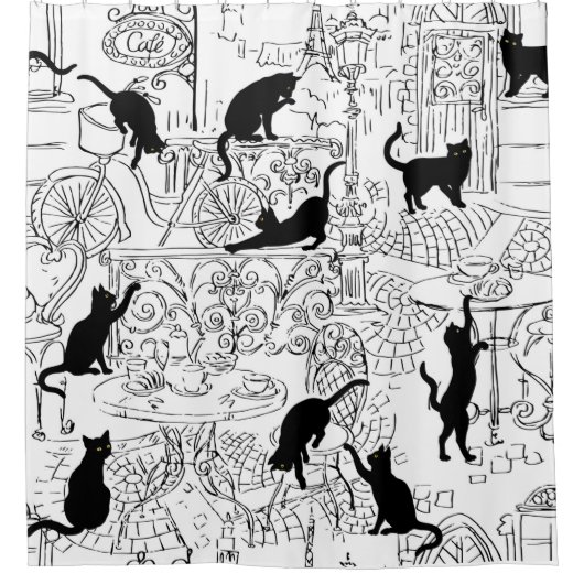 Black & White French Cat Paris Café Duschvorhang (Vorderseite)