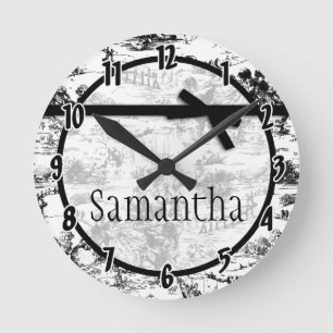 Black White French Fabric Toile Personalized Clock Runde Wanduhr
