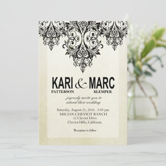 Black & White Gatsby Glitzer Blüh Wedding Einladung (Stehend Vorderseite)