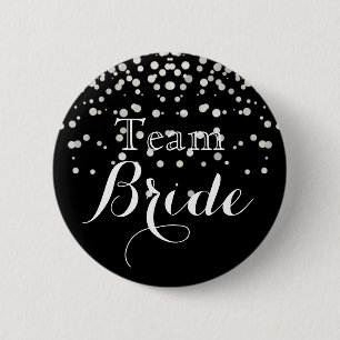 Black White Glitter Foil Wedding Team Bride Button