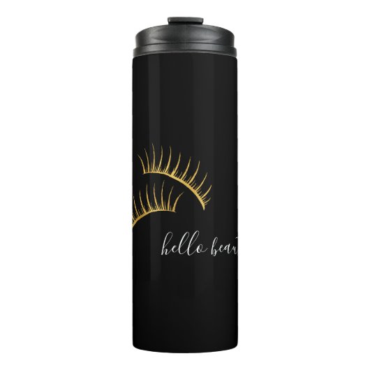 Black White Gold Eyelashes Hello Beautiful Thermosbecher (Vorderseite)